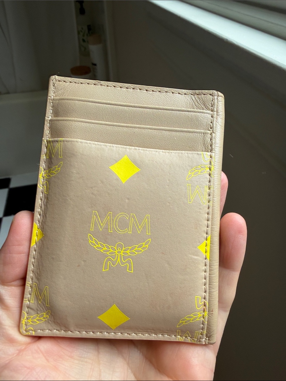 MCM Beige Card Holder with Yellow Logo Print